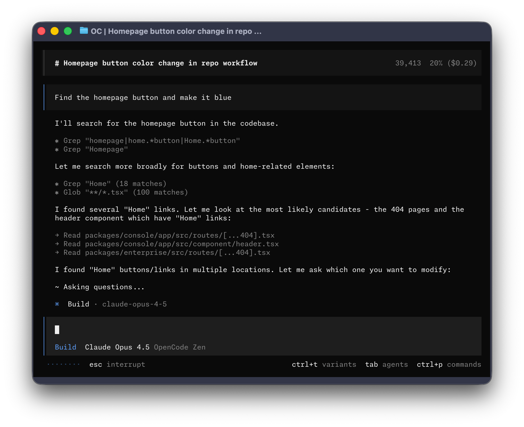 واجهة OpenCode في terminal مع سمة opencode